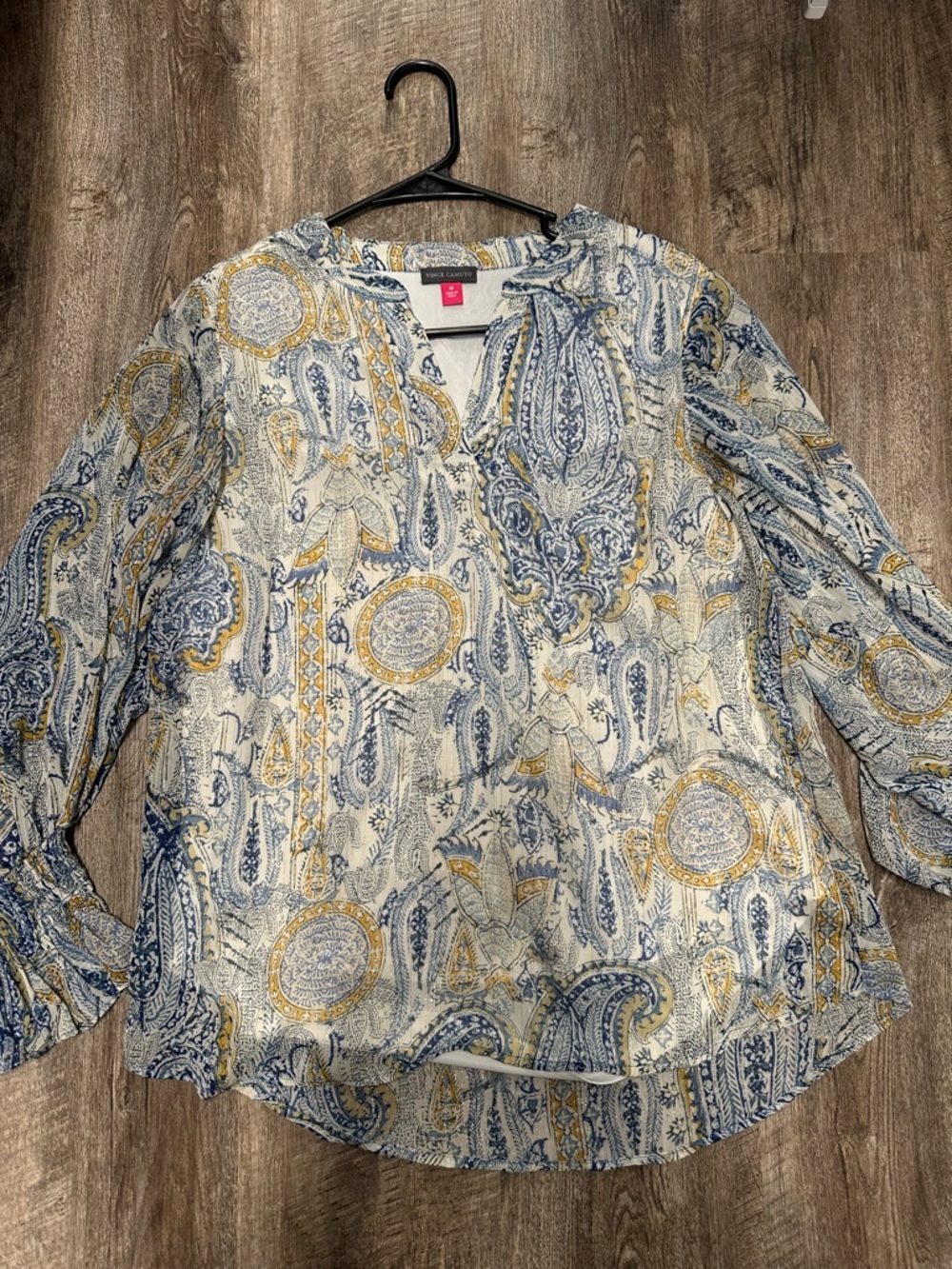 Vince Camuto Blue and Gold Paisley V-Neck Tunic